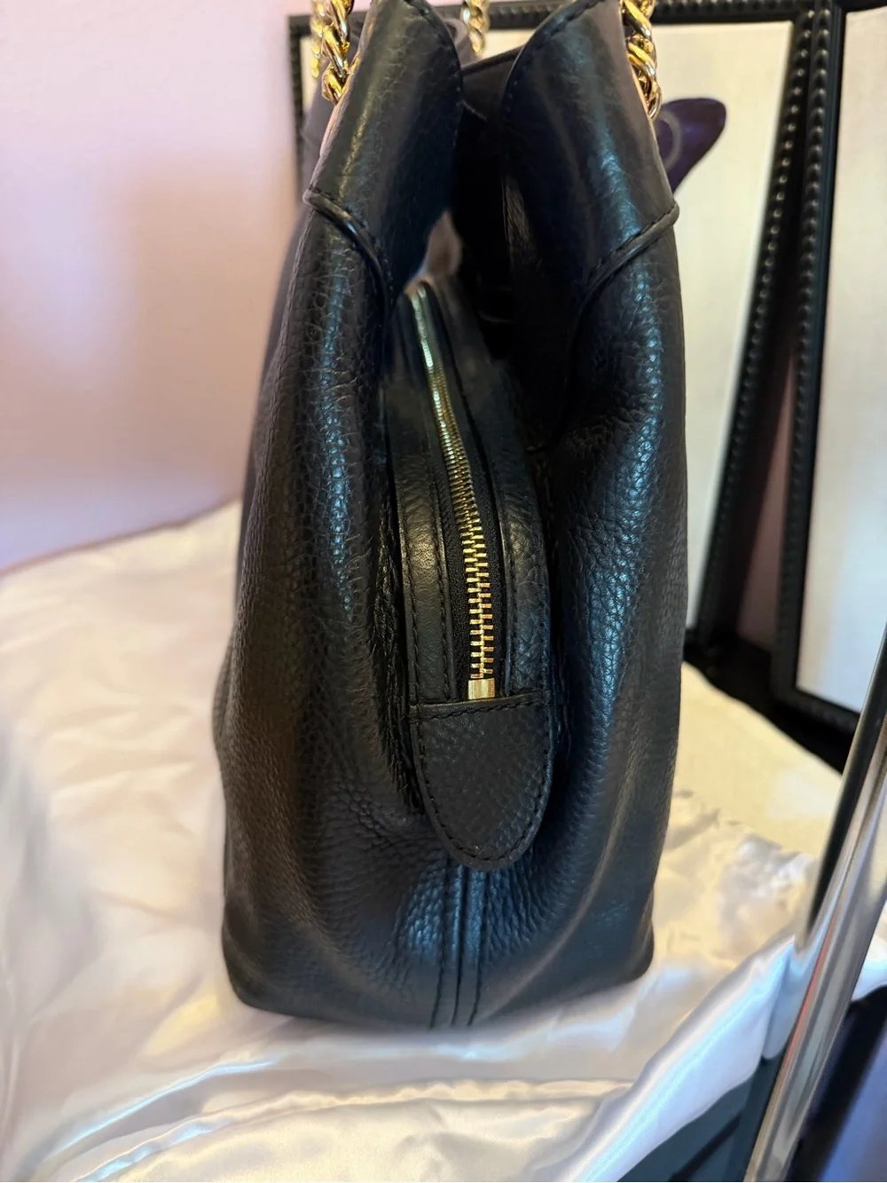 Michael Kors Black Pebbled Leather Shoulder Bag with Gold Chain Straps